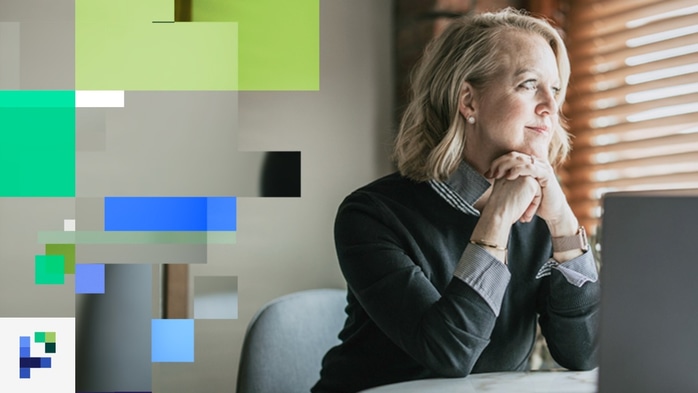 Karla Santi looking out a window, with the From Pixels to Purpose logo.