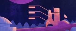 A schematic of a rocket next to a rocket launch pad.