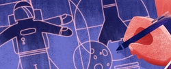 A person drawing a blueprint of a rocket and an astronaut.