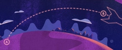 A rocket ship going from point A to point B on a dotted line.