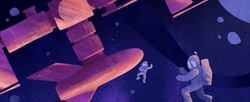 Two astronauts outside of a spaceship.