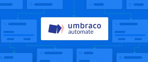 The Umbraco Automate logo on a background of lines and dialog boxes.
