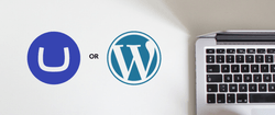 A laptop next to an Umbraco logo OR a Wordpress logo.