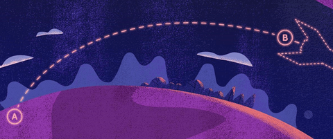 A rocket with a line from A to B.