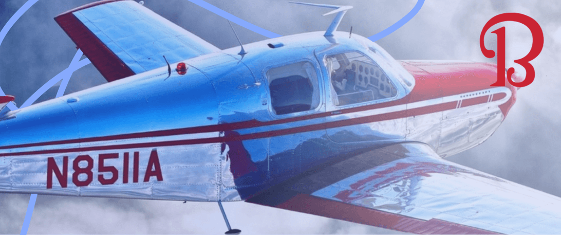 A stylized photo of a private airplaine with an American Bonanza Society logo.
