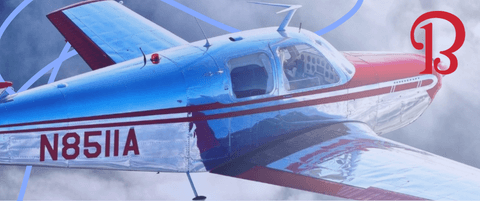 A stylized photo of a private airplaine with an American Bonanza Society logo.