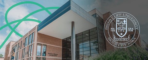 A stylized photo of Briar Cliff University with a Briar Cliff logo.