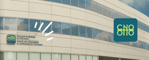 A stylized photo of a College of Nurses of Ontario office, with a C N O logo.