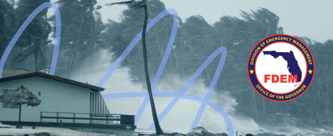 A stylized photo of a hurricane with a Florida Department of Emergency Management logo.