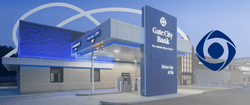 A stylized photo of a Gate City Bank branch with a Gate City logo.