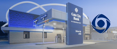 A stylized photo of a Gate City Bank branch with a Gate City logo.