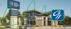 A stylized photo of a Great Western Bank branch with a Great Western logo.