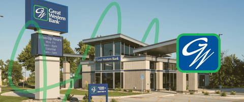 A stylized photo of a Great Western Bank branch with a Great Western logo.