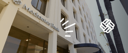 Stylized photo of a Mechanics Bank branch with a Mechanics logo.