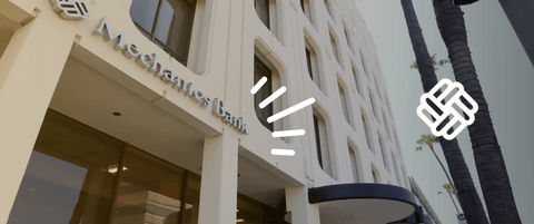 Stylized photo of a Mechanics Bank branch with a Mechanics logo.