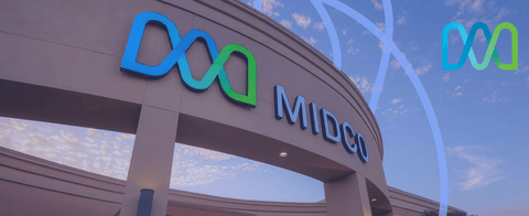 Stylized photo of a Midco building with a Midco logo.