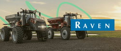 A stylized photo of two tractors with a Raven logo.