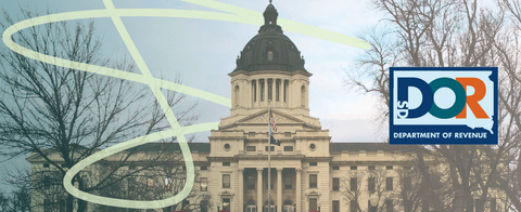 A stylized photo of the SD Capitol with a South Dakota Department of Revenue logo.