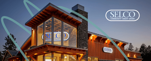 A stylized photo of a SELCO branch with a SELCO logo.