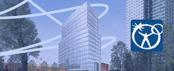 A stylized photo of a building with a U N F C U logo.