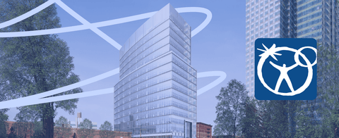 A stylized photo of a building with a U N F C U logo.