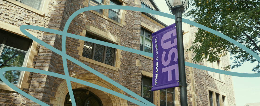 A stylized photo of a university with a University of Sioux Falls banner.
