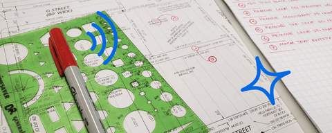 A stylized photo of a blueprint.