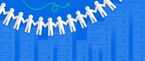 A paper chain of humans in front of a background of bills, representing the cost of extending the team.