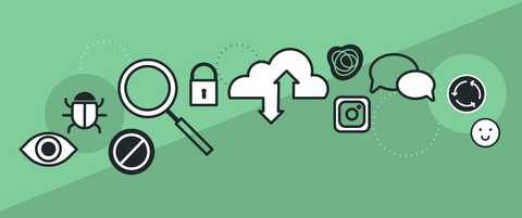 Various icons, including: an eye, a but, a no symbol, a magnifying glass, a lock, a cloud upload, a Blend logo, an Instagram logo, two speech bubbles, a recycle logo, and a smiley face.