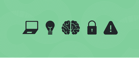 A graphic representing AI tools, including a compouter, a light bulb, a brain, a lock, and a warning sign.