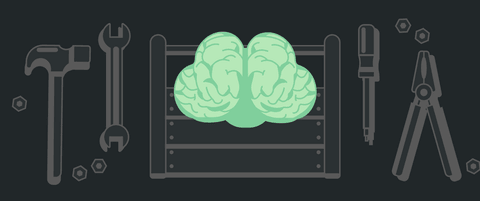 A graphic representing AI tools, with a brain in a basket with tools.