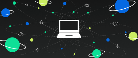 A graphic of a computer on a background of planets and stars representing the expanding universe of tools.