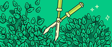 A set of hedge trimmers shown trimming the edge of a hedge, representing upkeep of a design system.