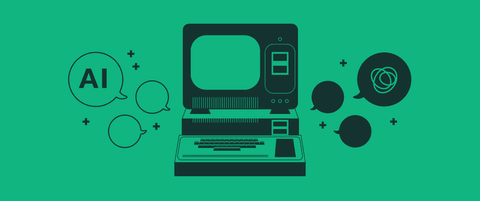 An old 80s computer surrounded by speech bubbles, with one that says "AI".