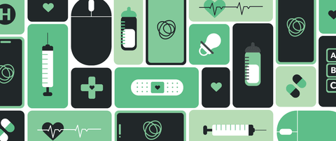 A collage of children's hospital icons, including a hospital logo, a heart, medicine, syringe, mouse, bottle, bandaids, and more.