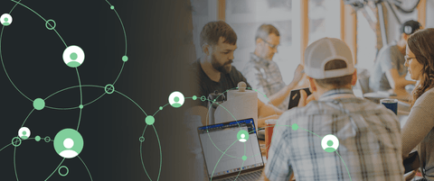 The blend team, hanging out in the dining area, with a "connective lines" graphic overlaid on top.