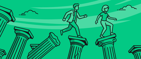 Graphic showing two people stepping across pillars, representing navigating the gaps in our digital knowledge.