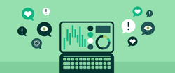 Laptop surrounded by icons, including an alert icon, a heart, an eye, and a Blend logo.
