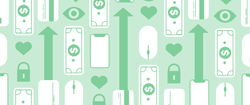 A series of graphics representing financial services, including currency, a heart, an arrow, and a computer mouse.