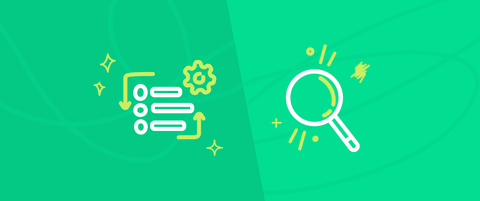 An icon of a complex web schema and an icon of a magnifying glass, signifying the balance between G E O and S E O.