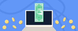 A dollar bill coming out of a laptop.