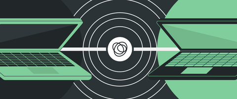 Two computers connected by a single line, with the Blend logo in between.