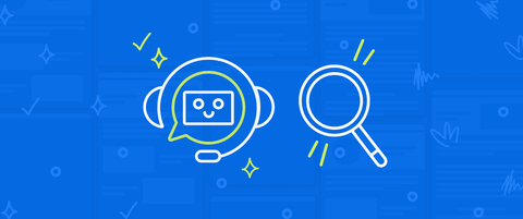 A graphic depicting a robot icon with a headset, representing an AI search bot, and a magnifying glass icon, representing traditional site search.