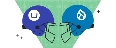 Two football helmets facing off - one with an Umbraco logo, one with a Drupal logo.