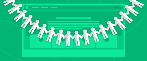 A graphic of a chain of paper cut-out people in front of a stylized web interface.