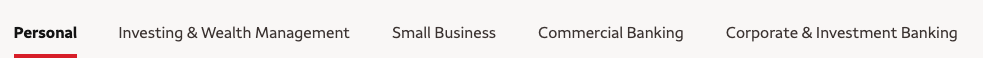 Screenshot of a financial site’s navigation, showing: Personal, Investing & Wealth Management, Small Business, Commercial Banking, Corporate & Investment Banking.