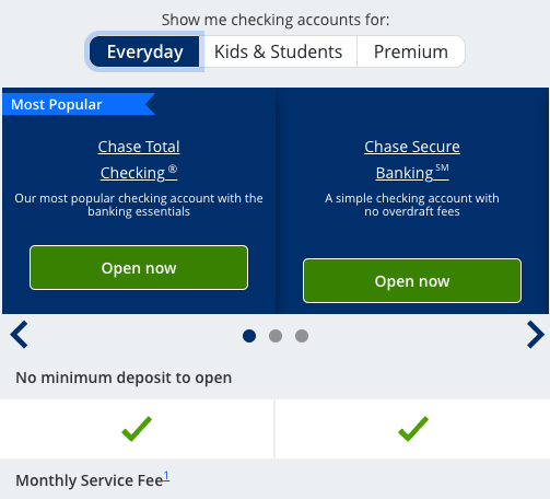 Screenshot of Chase Bank’s checking account comparison at mobile width, highlighting how multiple columns are scrolled through at smaller widths.
