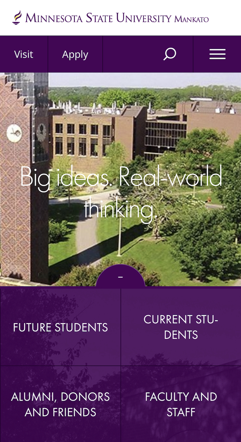 A screenshot of the new design for MNSU's audience navigation on mobile.