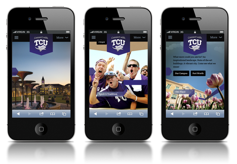 Three mobile screens showing different sections of the TCU Mobile Viewbook
